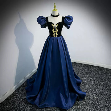 Navy Blue Puffy Sleeves Prom Dresses Sexy Evening Dress HZ1023